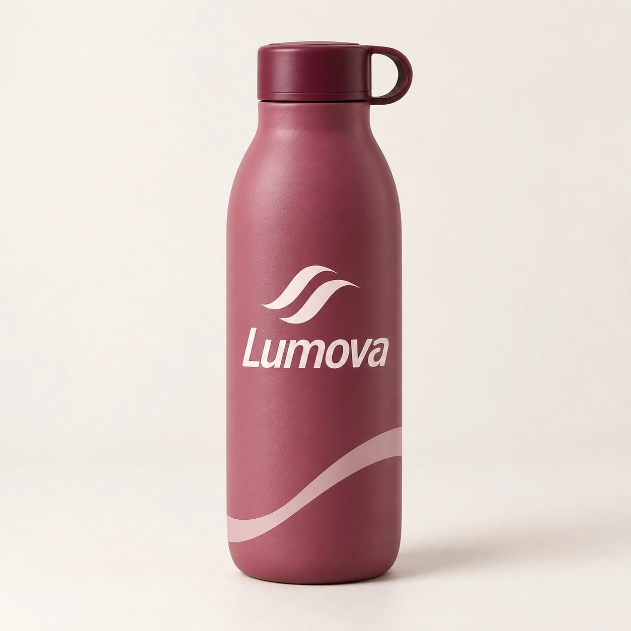 Garrafa rosa Lumova com logo e símbolo de movimento